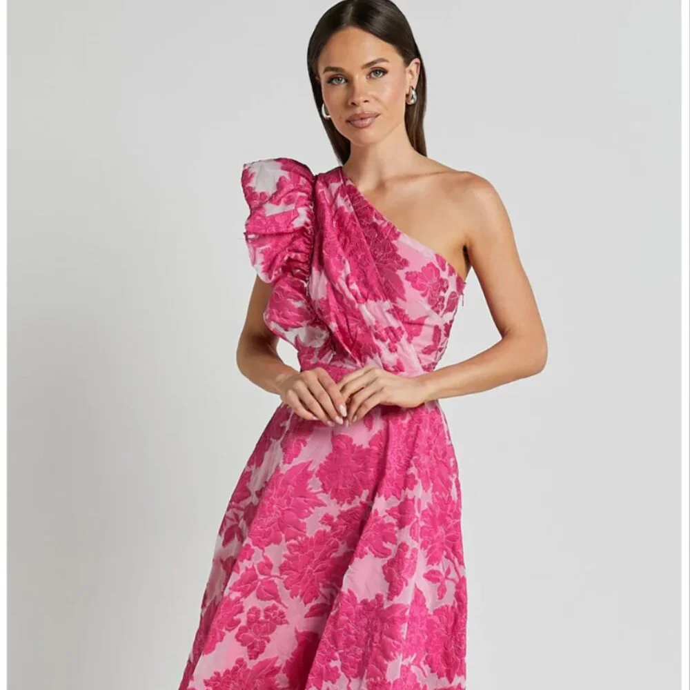 Showpo Hot Pink Floral One-Shoulder Midi Dress - Picture 4 of 12